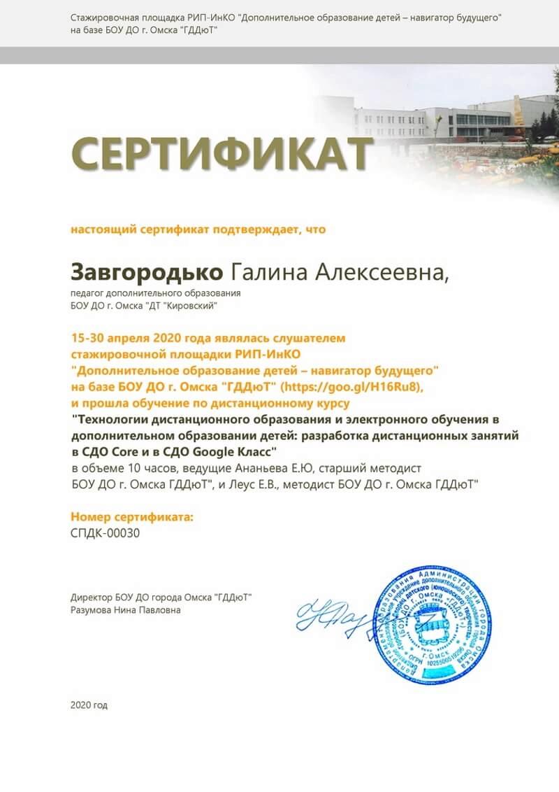 Сертификат Завгородько Галина Алексеевна